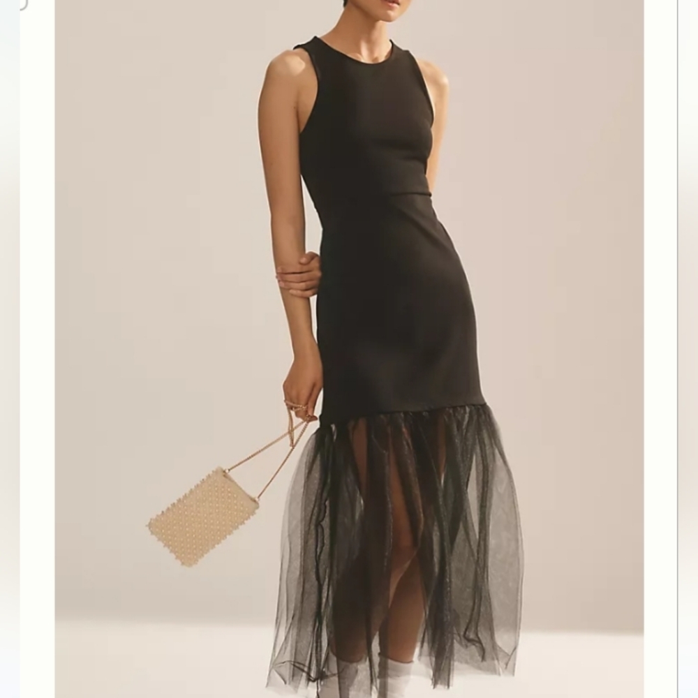 Anthropologie Maeve Sleeveless Tulle-hem Tank Stretch Midi Dress Sz-L